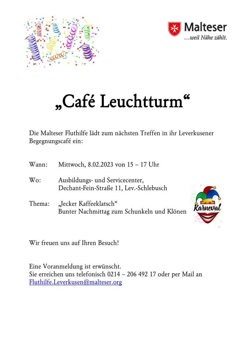 Einladung zum "Café Leuchtturm" am 08.02.2023 in Schlebusch // Foto: Malteser Leverkusen